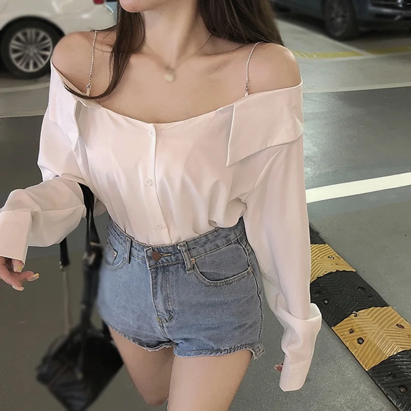 Women\'s Crop Top Loose Fit Solid Off The Shoulder Button Front Long Sleeve Women Shirt