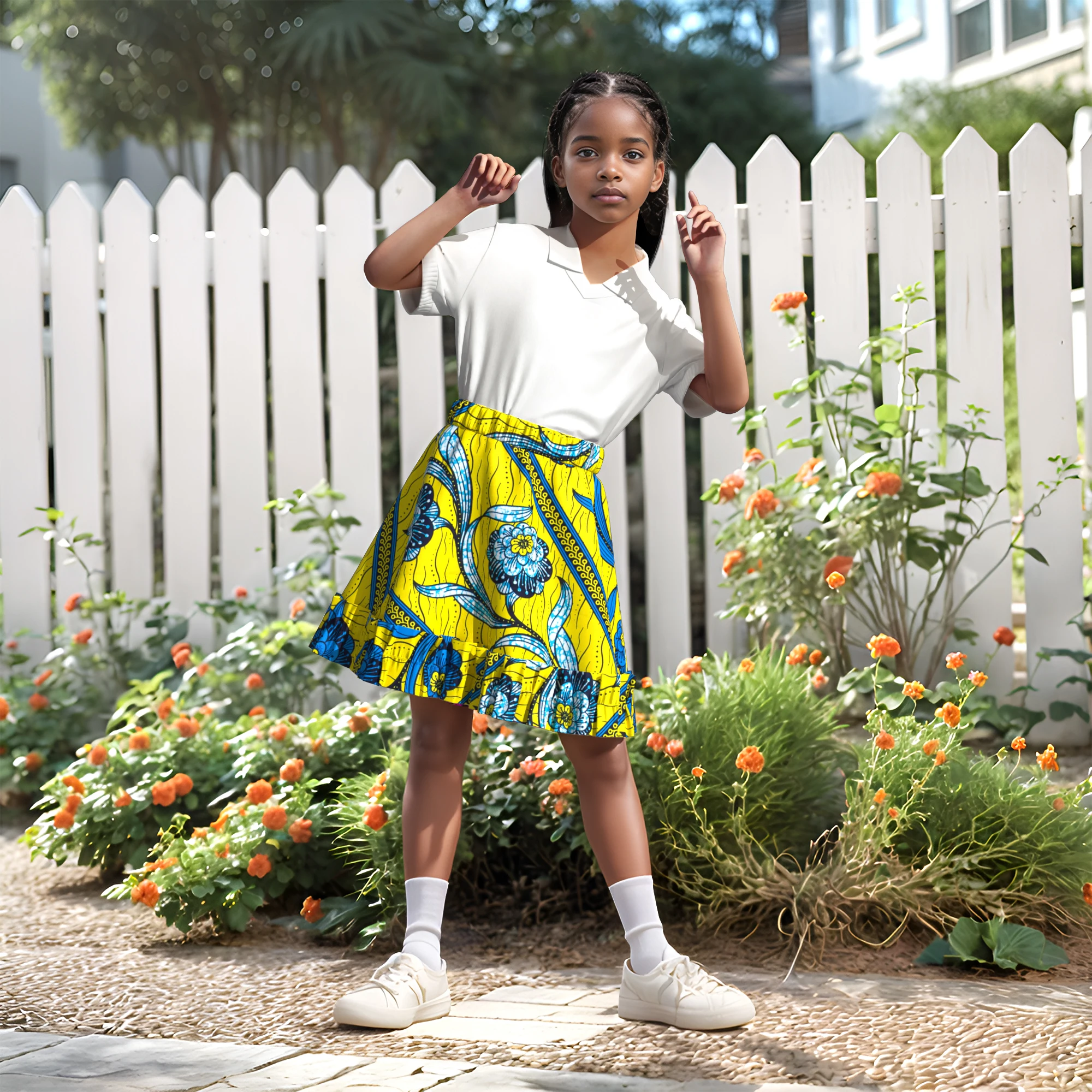 

ORIENTAR African Print Girls A-Line Skirt Elastic Waist Knee Length Skirt with Ruffled Hem African Children's Dashiki WYT869