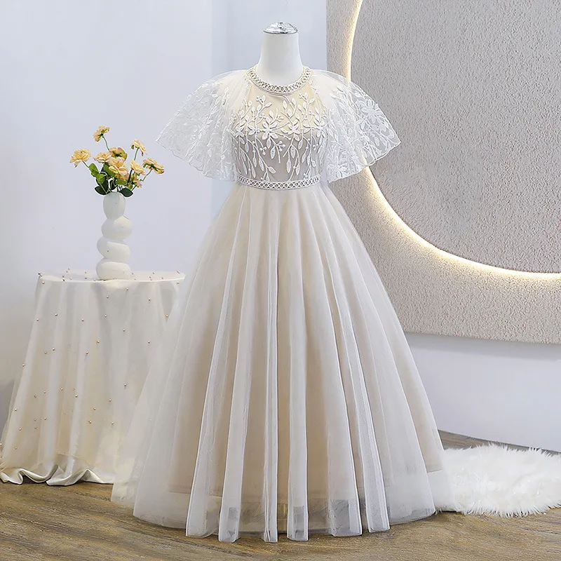 

New Kid Girls Catwalk Show Host Evening Gowns Princess Dresses Lace Embroidery Tulle Children's Piano Performance Costumes
