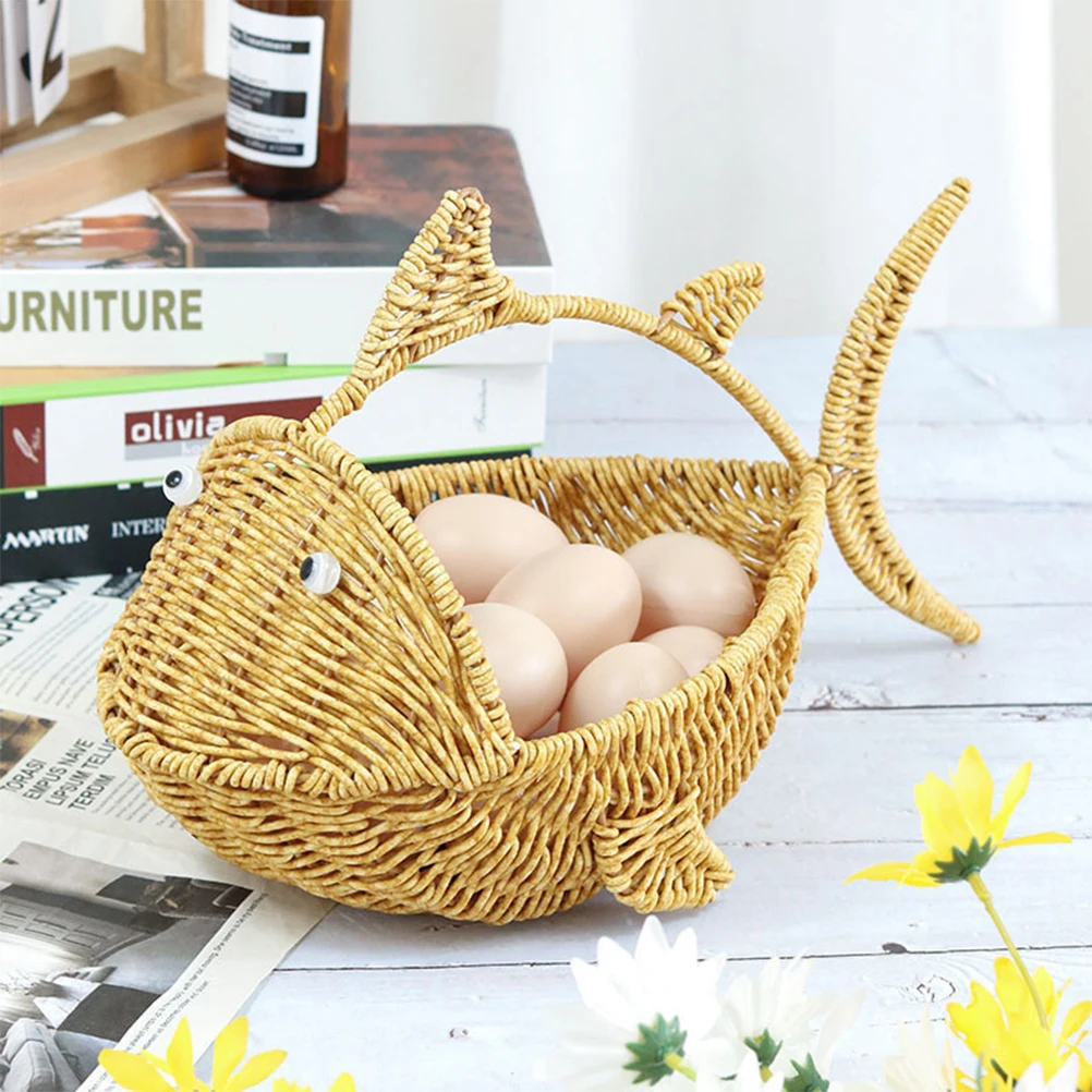 

Creative Handmade Woven Cartoon Fish Fruits Snacks Storage Basket PP PE Material Simple Natural Aesthetic Easy for Bread