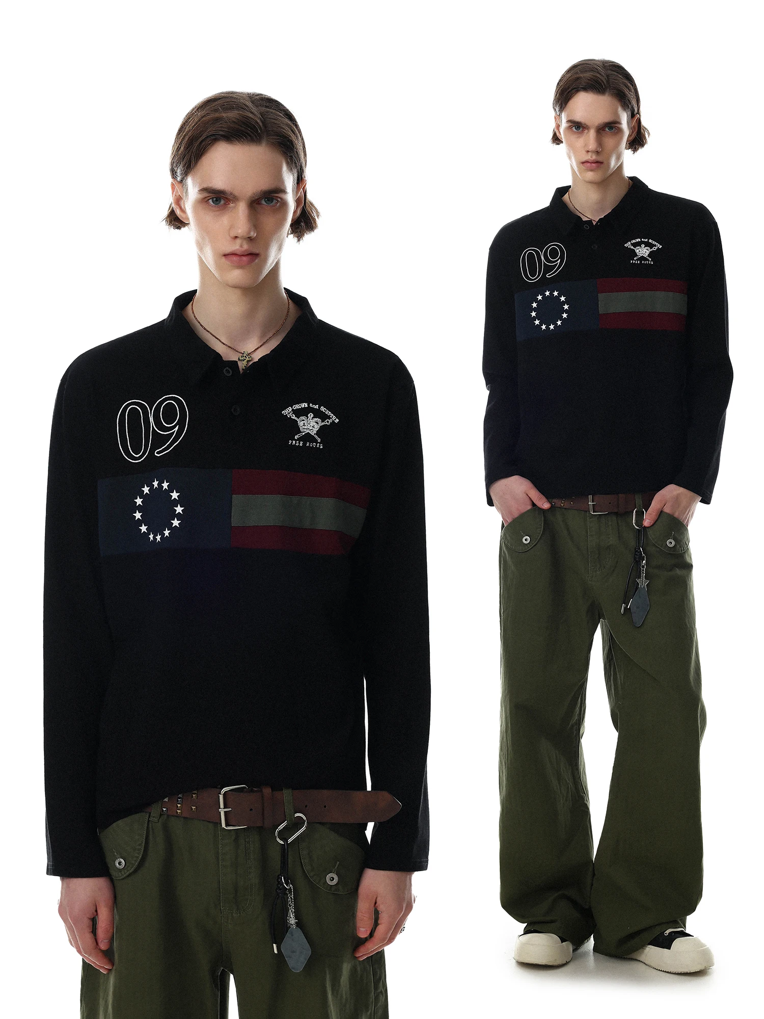 American Retro  Shirt Men's Long Sleeve Embroidery Color Block Design Casual Top Breathable Cotton Loose Fit Autumn Wear