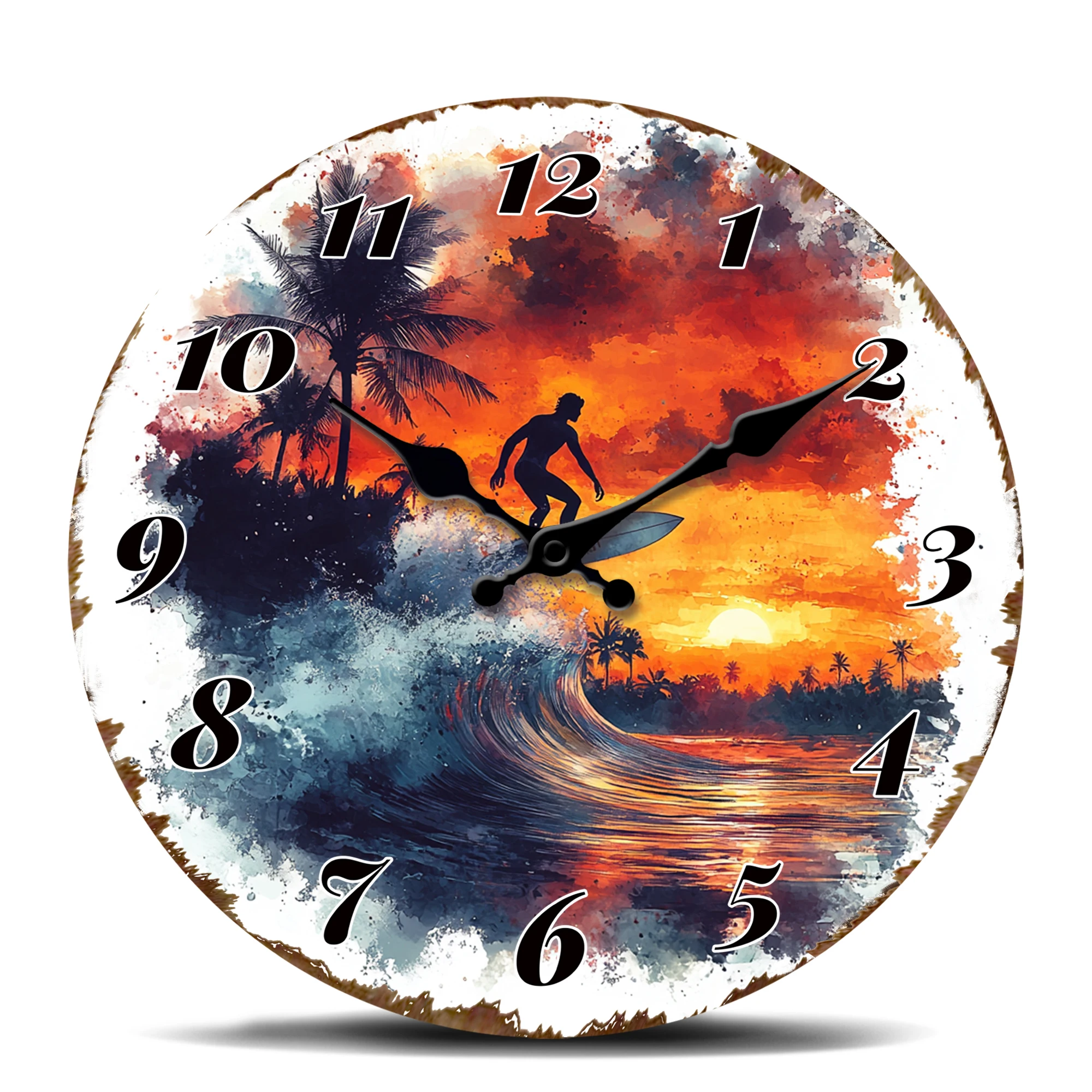 Surfer on Wave at Sunset Wall Clock, Tropical Beach Art Decorative Clock, Dynamic Water Sport Design Wall Watch for Surf Enthusi