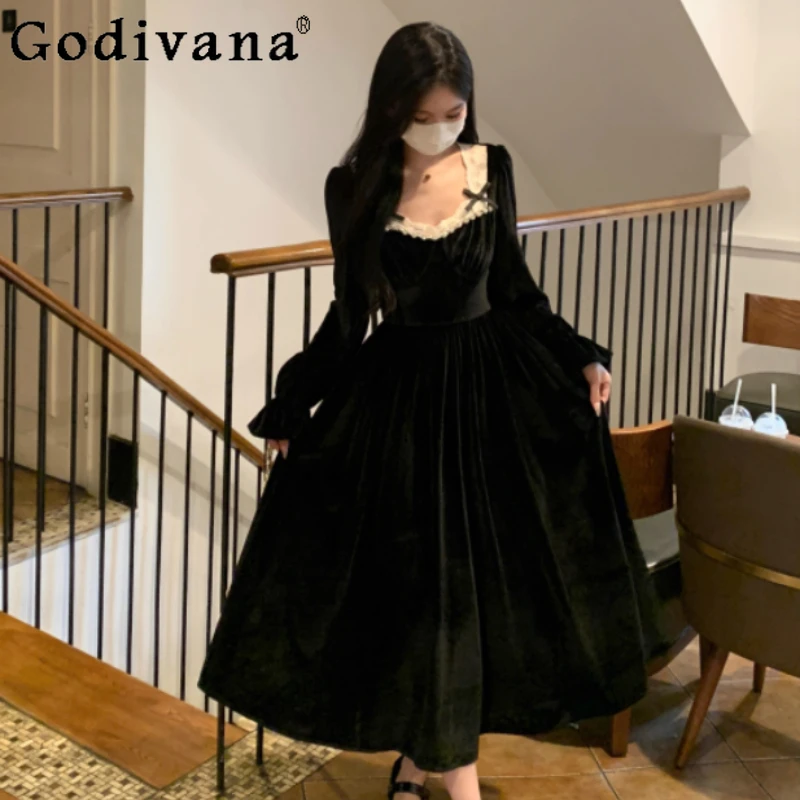 Abito autunnale in velluto da principessa di corte francese di grandi dimensioni a vita alta a trapezio versatile riduzione dell'età eleganti abiti neri a maniche lunghe