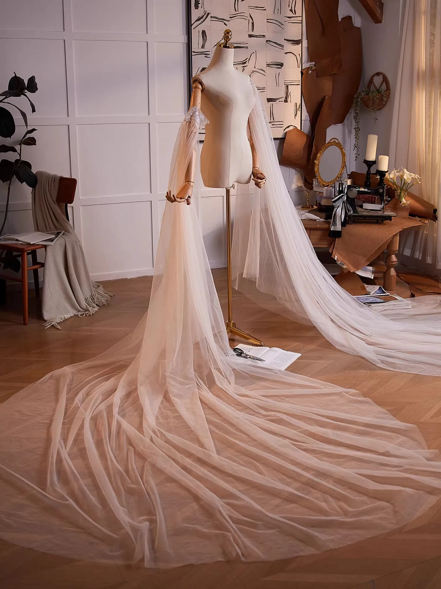 Women's Spring Summer Champagne Double Layer Long  Mesh Pashmina Female Performance Party Show Cosplay Shawl Cloak Collar R2672