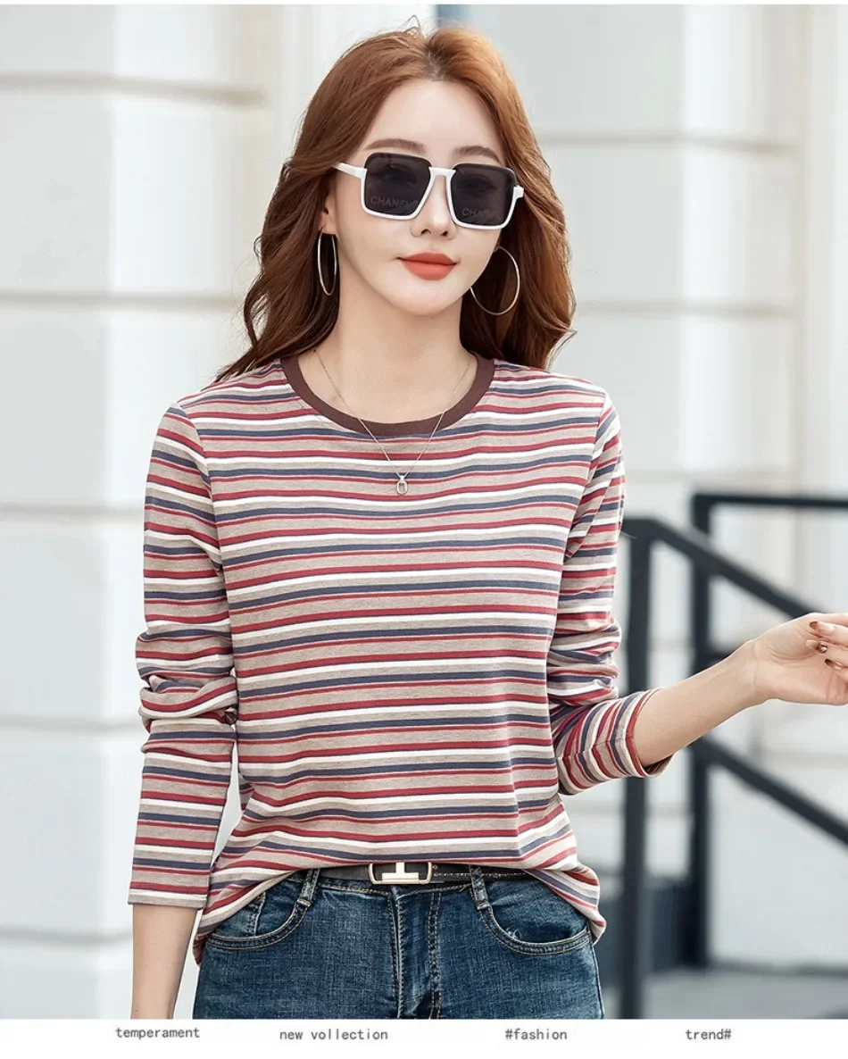 2024 neue Damen bekleidung Rundhals ausschnitt gestreiftes Unterhemd Frühling und Herbst Langarm Tops T-Shirt lose Innen lässig Top – Detail 16