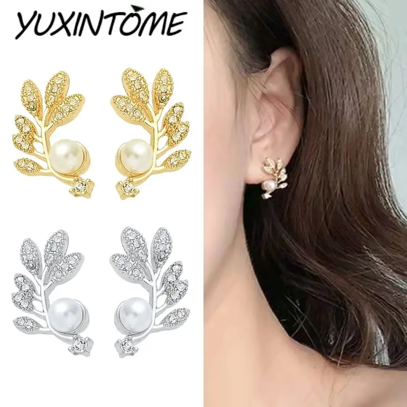 

925 Sterling Silver Needle noble Gentle and Elegant Geometric Leaves Zircon Pearl Stud Earrings Women's Accessories Earrings