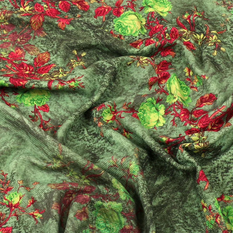 Red Leaves Green Flower Printed Silk Wool Fabric Autumn Winter Textured Thermal Underwear Blouse Dress Warm Clothing Fabric