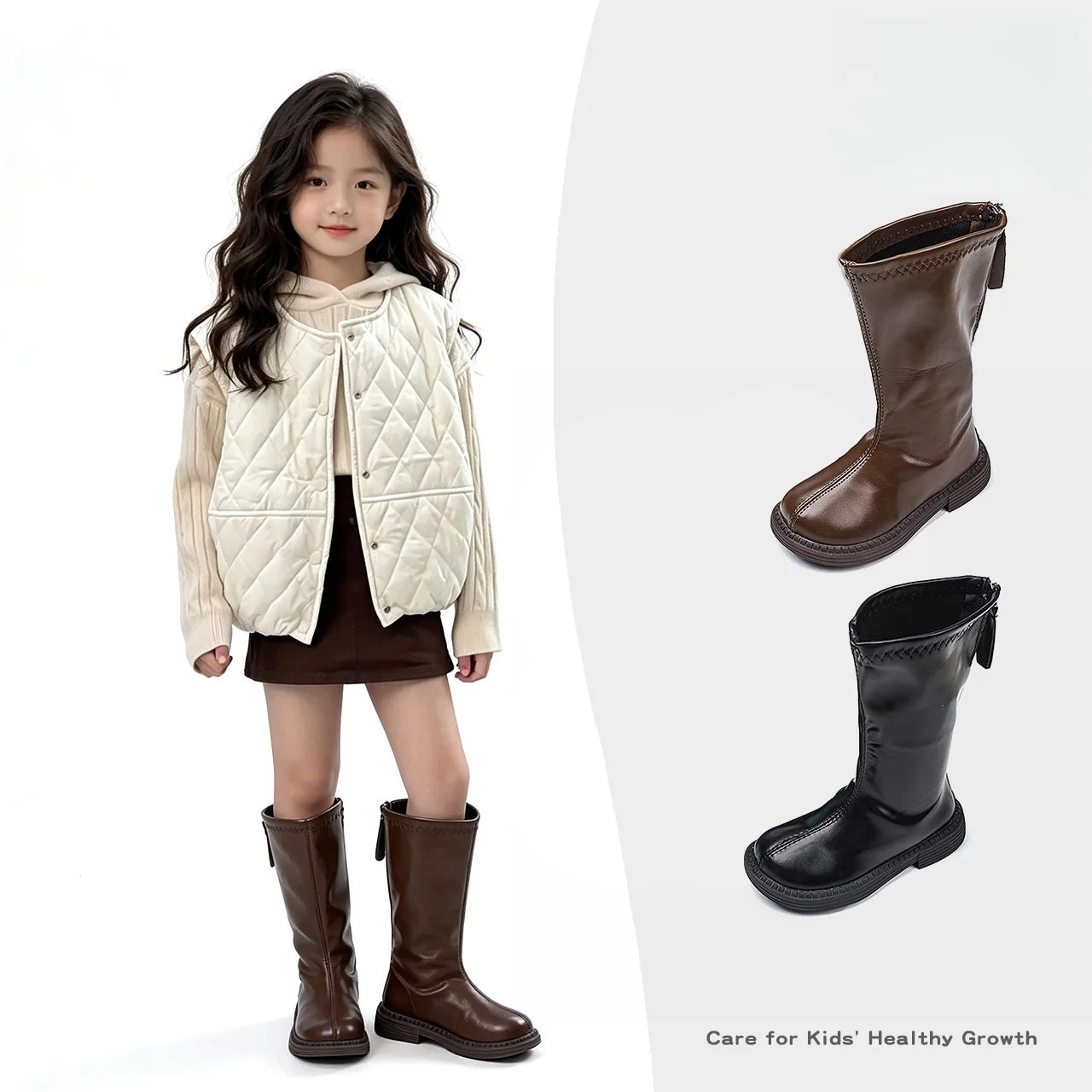 Girls Brown Tall Boots 2026 Fall Winter New Fashion Long Boots for Toddler Girls Casual Pull On Boots Soft Sole Non-Slip Shoes