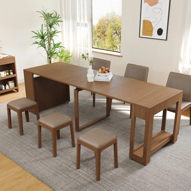 Medieval style pure solid wood deformation lengthened large long table push-pull folding dining table extremely narrow wall