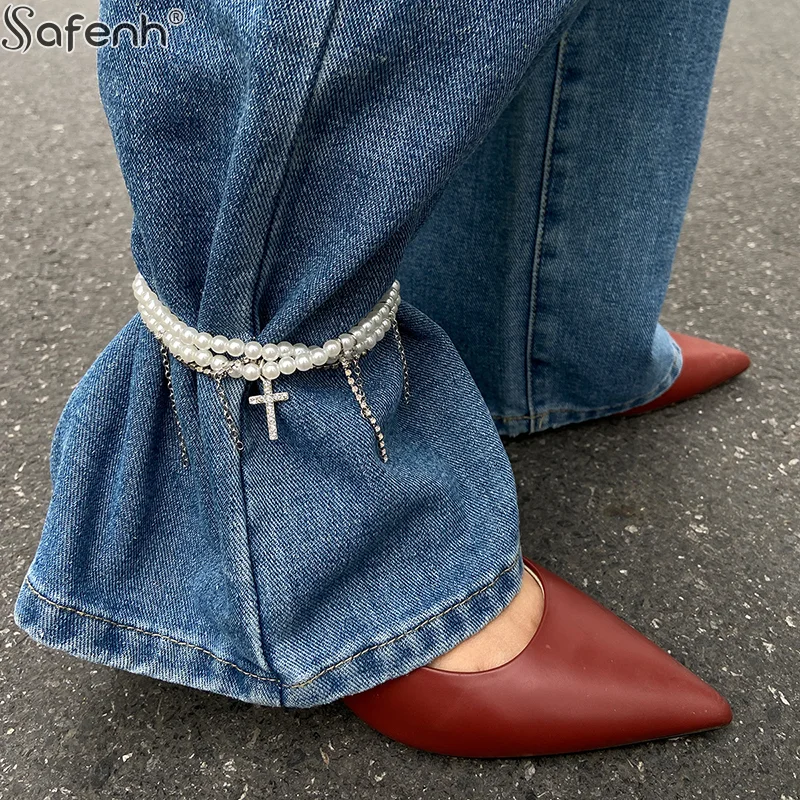 Pearl Cross Tassel Beaded Pants Ankle Chain For Women Foot Chains Jeans Jewelry Trouser Leg Decorative Clothing Accessories