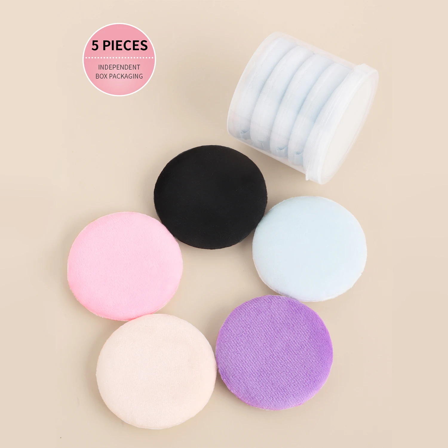 Powder Puff, 5pcs/box soft round sponge powder puff double-side skin-friendly velvet makeup powder puff tape case