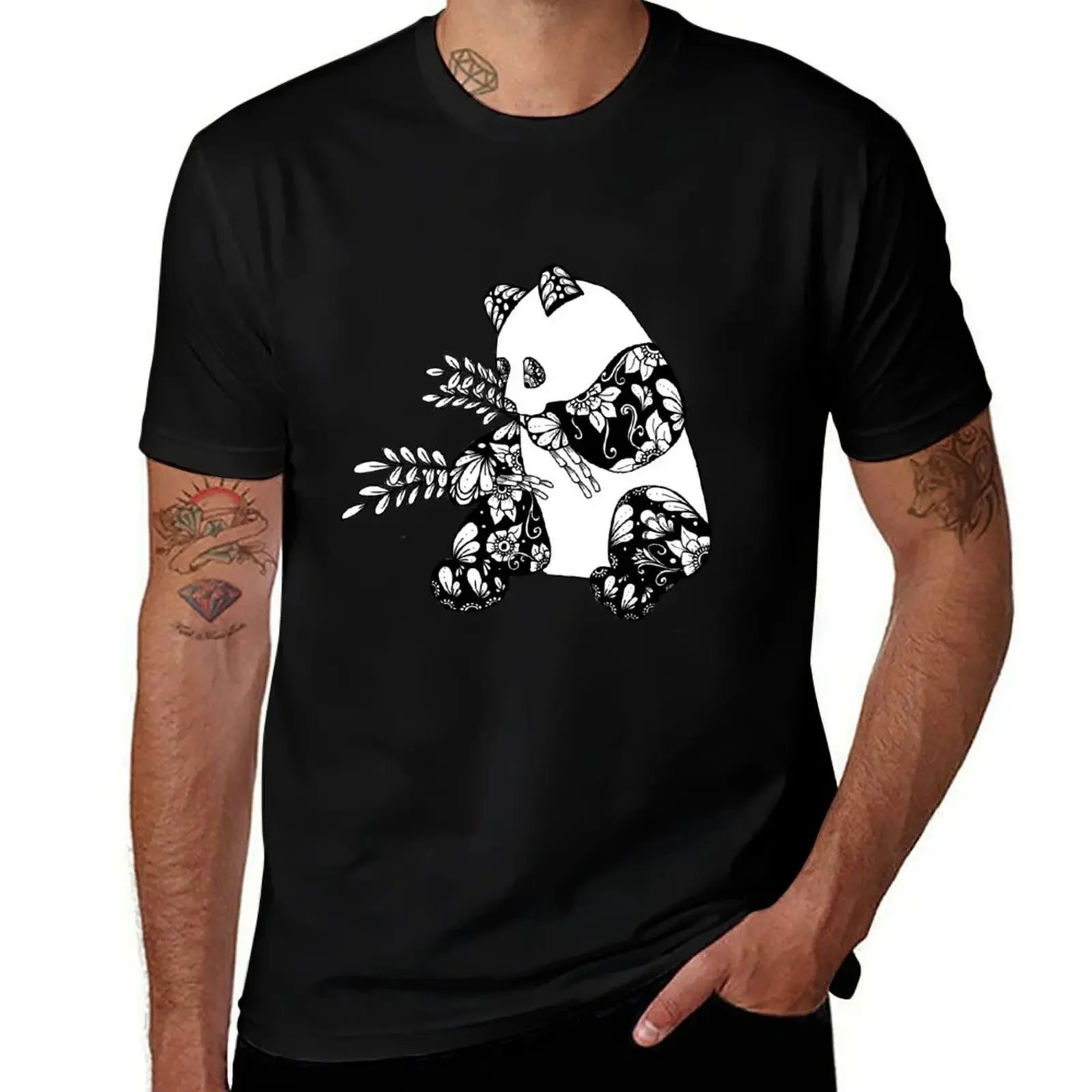 Zentangle Panda eating Bamboo (v2) T-Shirt plus size clothes vintage custom t shirt summer top mens white t shirts