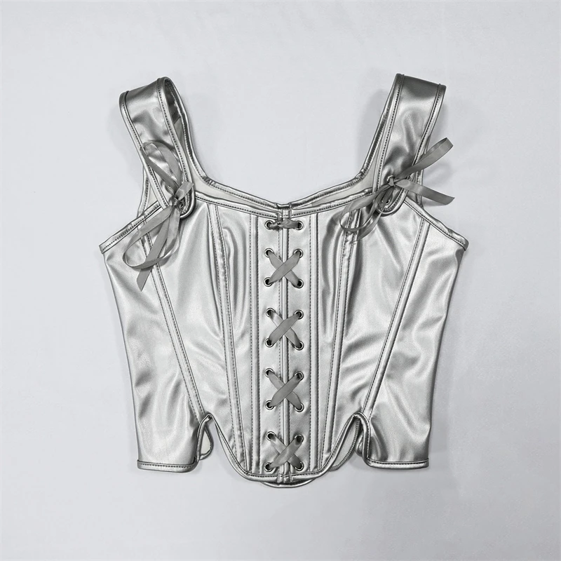 Women Silver PU Leather Corset Top Vintage Vest Female Front Lace Up Corselet Camis Punk Goth Clothing Sexy Korsett Streetwear view 3