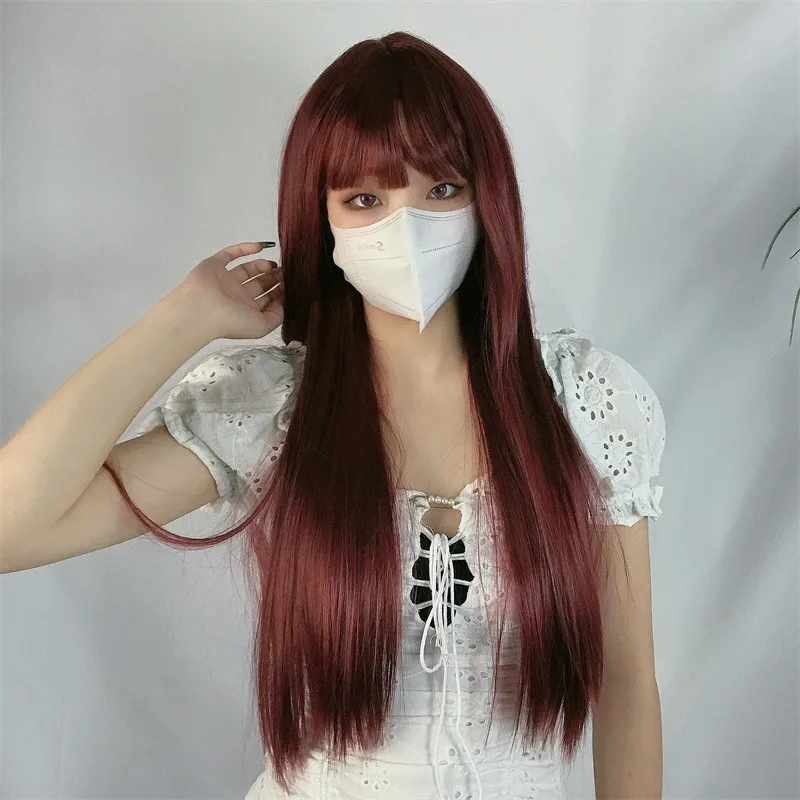 New fashion wig female wine red long straight hair long high temperature silk synthetic fiber wig whole head set