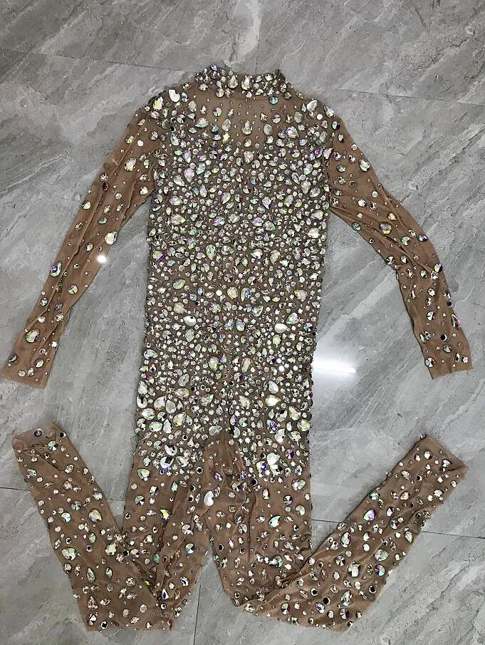 Mono brillante AB con cristales y piedras, mono Sexy de malla transparente con diamantes de imitación, peleles para escenario, Ropa de baile de cumpleaños, atuendo de noche