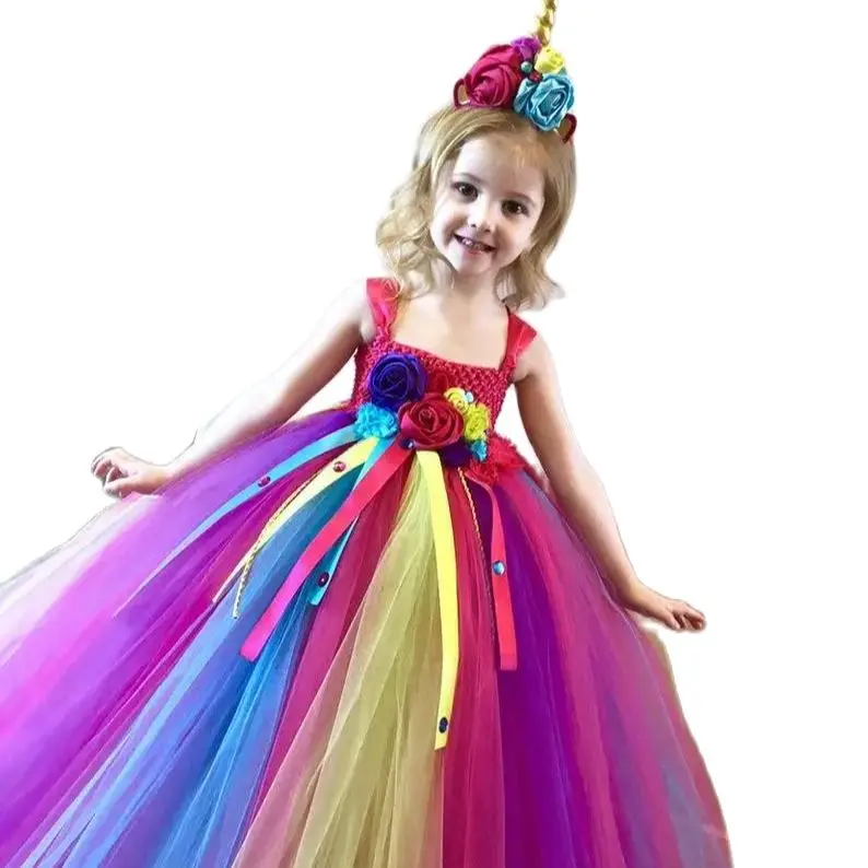 Girls Rainbow Unicorn Flower Tutu Dress Kids Crochet Tulle Ribbon Dress Ball Gown with Hairbow Children Party Costume Dresses