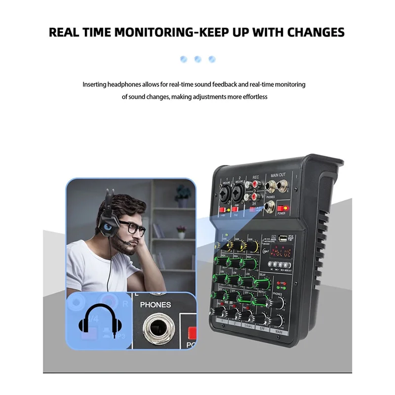 AA08-4채널 DJ 믹서 콘솔 무선 듀얼 마이크 블루투스 2웨이 오디오 컨트롤 홈 KTV 무대 스튜디오용