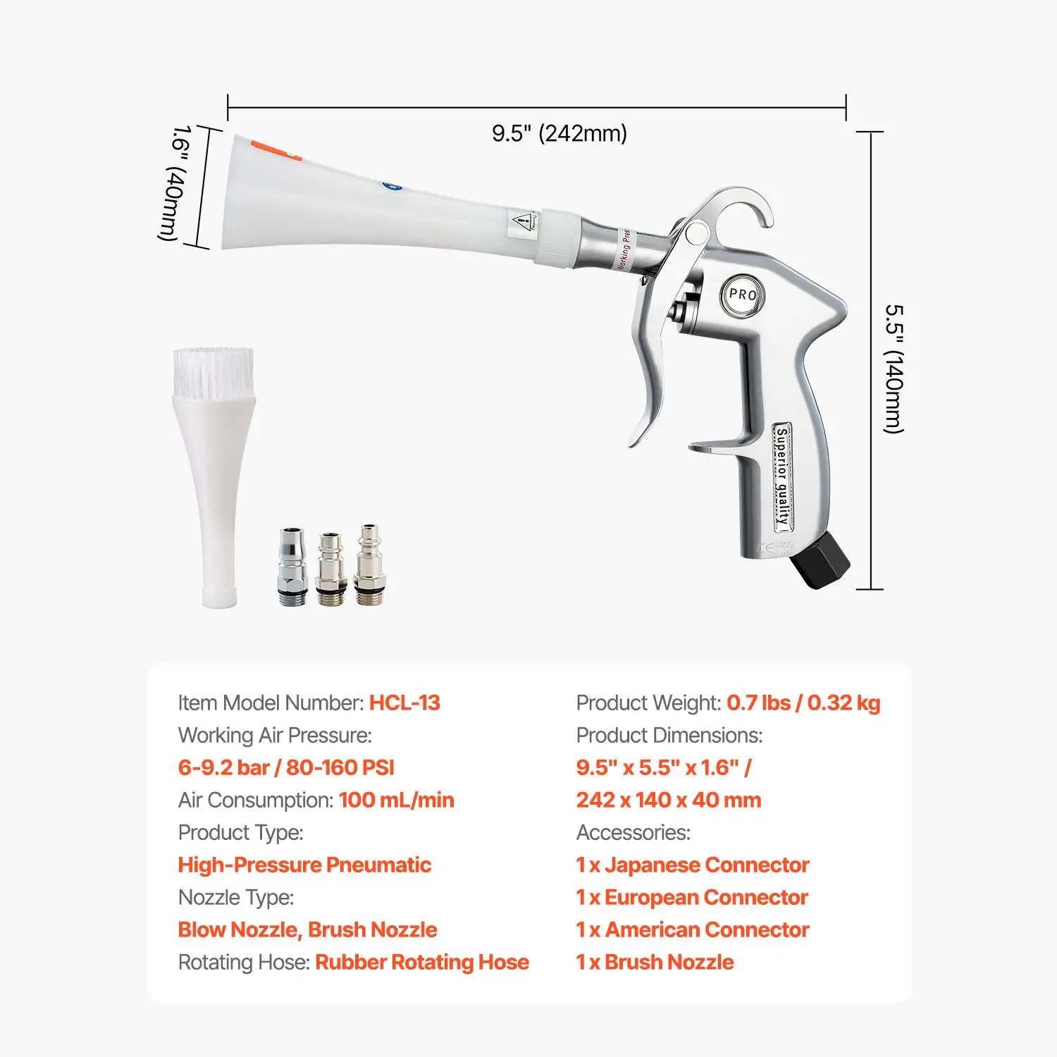Car Cleaning Gun, 6-9.2 Bar High-Pressure Air Blow Gun with 2 Set Nozzles, 360° Rotating Nozzle for thorough Cleaning, Quickly Blasts Dirt and Dust from Surface, Work with 1/4 NPT Air Compressor