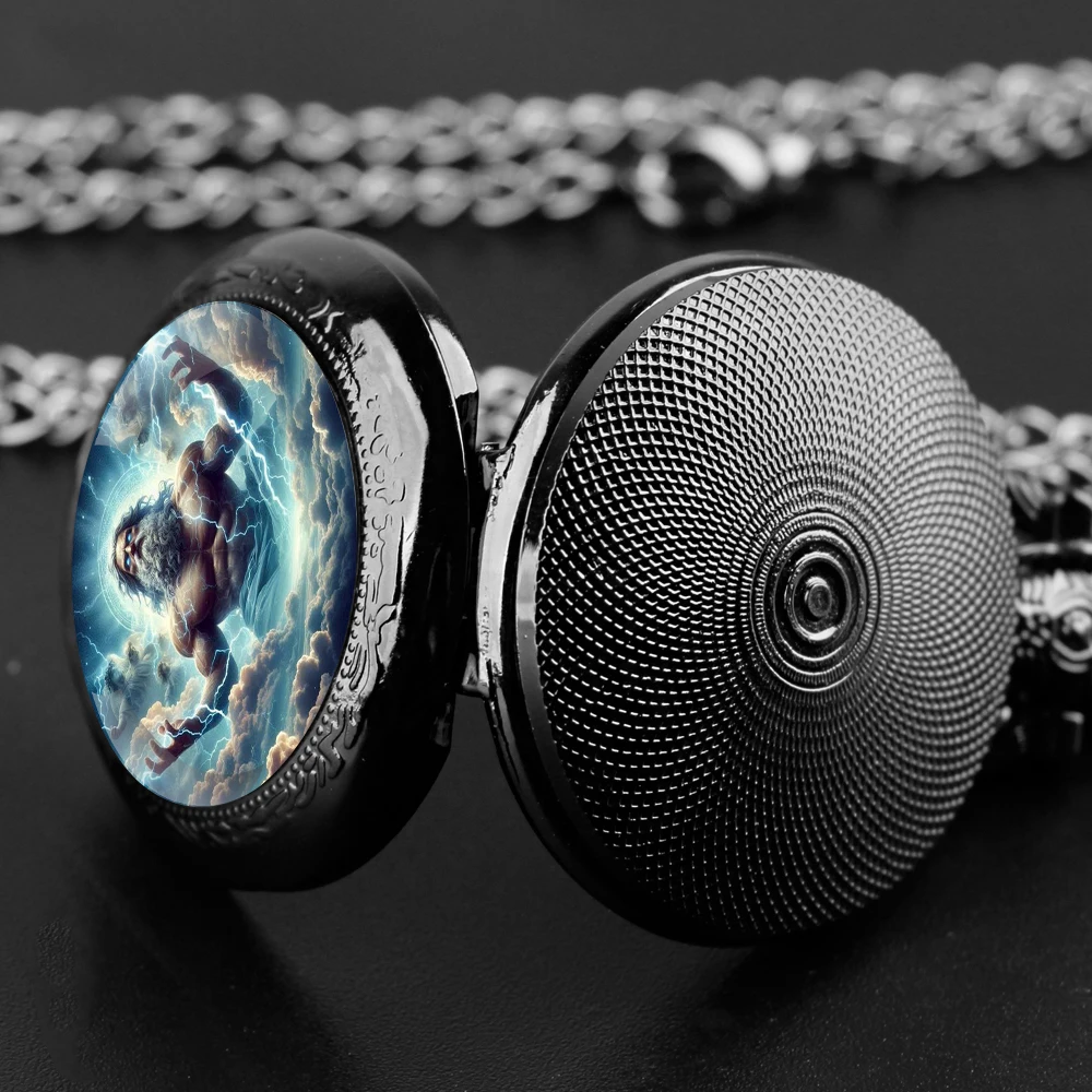 Zeus The God of Olympus Orologio da tasca al quarzo nero con cupola in vetro con quadrante con numeri arabi e catena resistente, regalo per uomini e donne