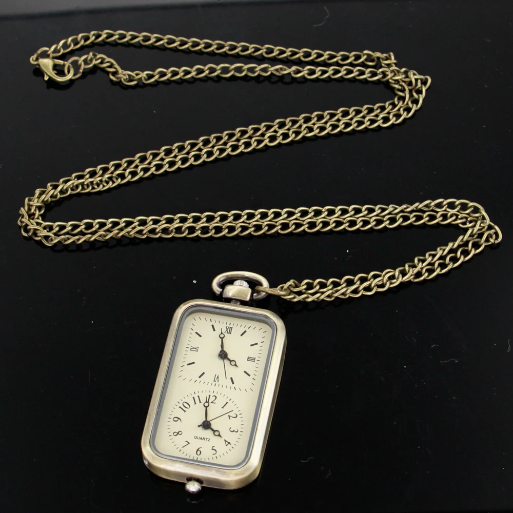 Rectangle Bilingual Design Pocket Watches Vintage Arabic Roman Numerals Dial Pendant Quartz Fob Watches Gift Clock