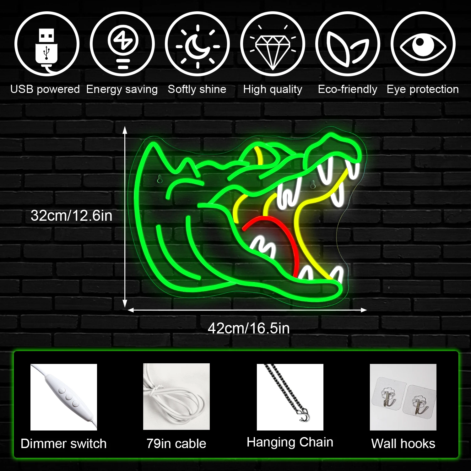 Enseigne au néon en alligator vert pour décoration murale, USB, barre lumineuse, club, chambre à coucher, salle de jeux, fête, restaurant