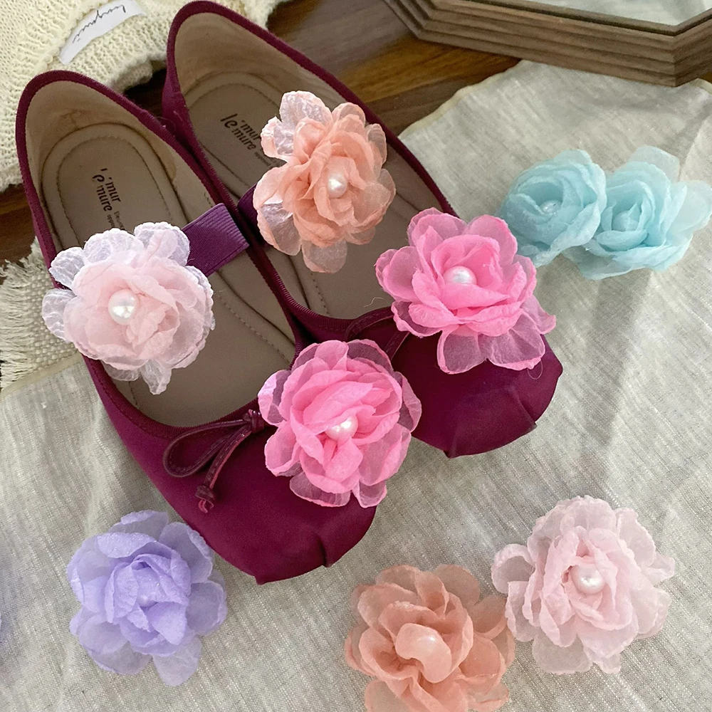 1 Pair Mesh Pearl Flower Shoe Clip Sweet Wedding Sandals Shoe Buckle Decoa Removable Florals Shoe Accessories Texture Fashion