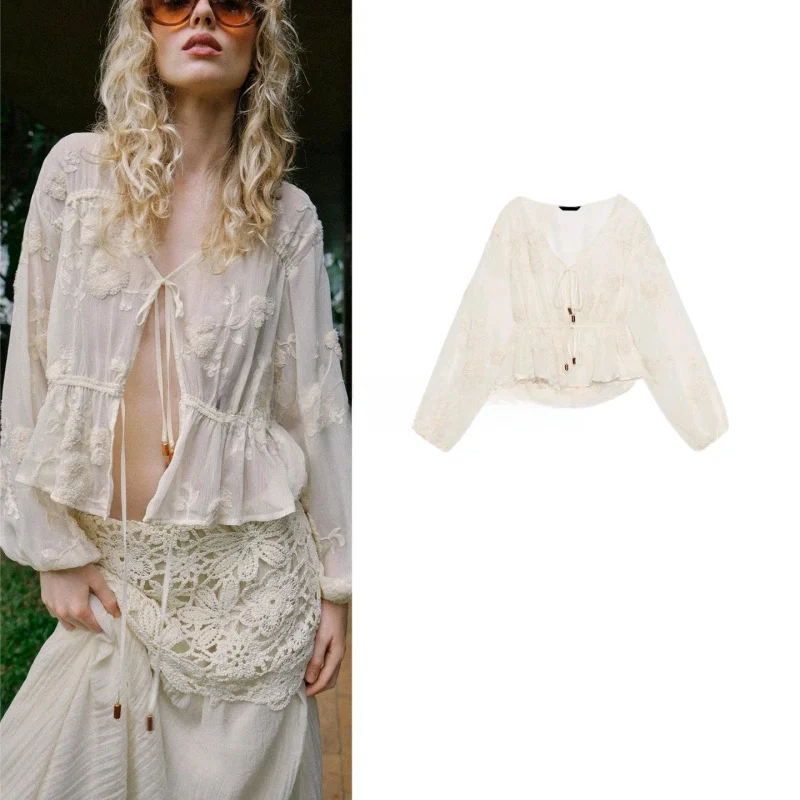 

Summer New Women's Translucent Shirt Embroidered Long Sleeve V-neck Knot Belt Loose Fit Breathable Polyester Fashion Shirt