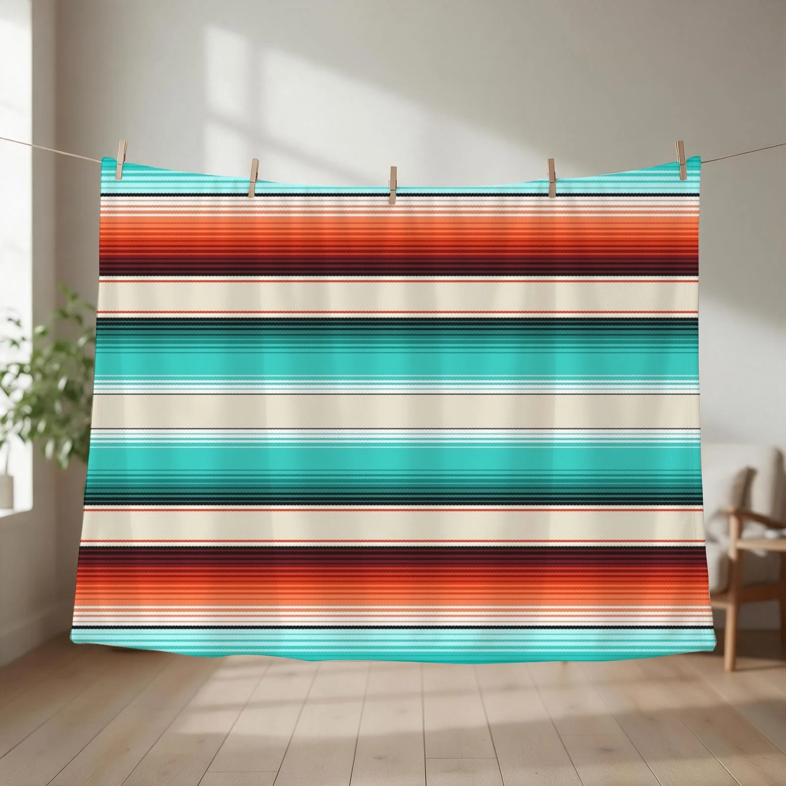 Navajo White, Turquoise and Burnt Orange Southwest Serape Blanket Stripes Throw Blanket