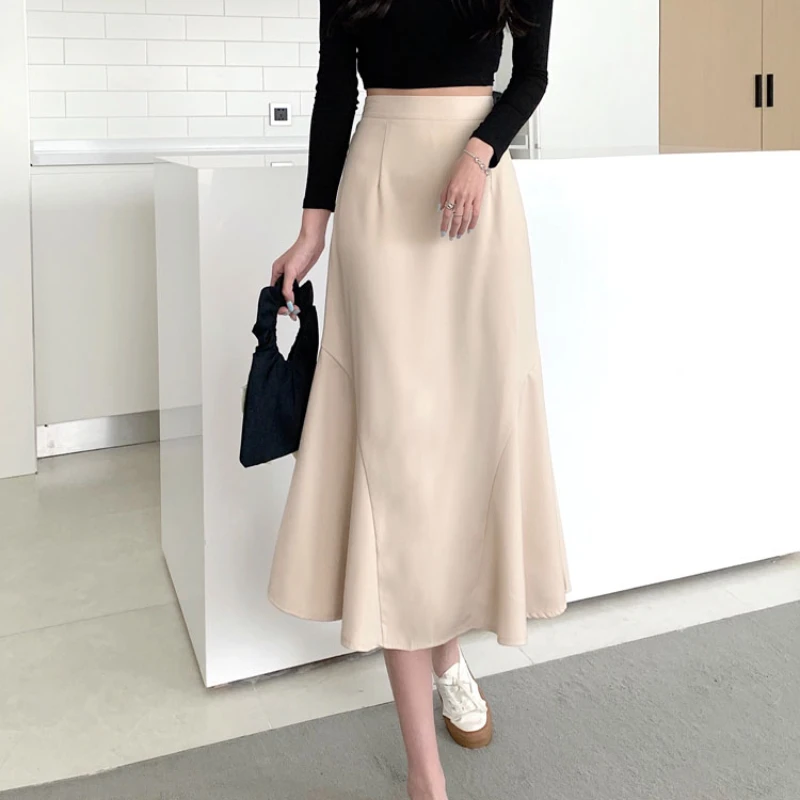 

Юбки женские однотонные, тонкие, летние, с высокой талией, до середины икры, модные, в корейском стиле, элегантные, универсальные, для отдыха, новинка Юбка Женская, ретро