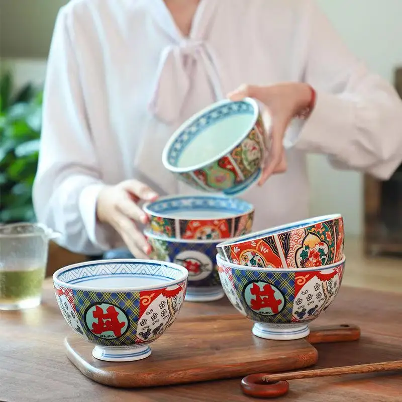 Japanese hand-painted ramen bowl household rice bowl soup basin retro ceramic storage tableware delivery spoon kitchen supplies