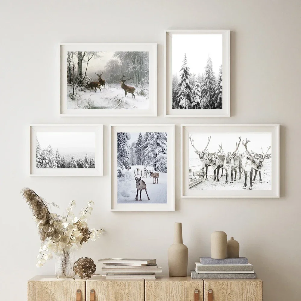 (No frame)Moose in Snow Print Winter Snowy Poster Art Canvas Painting Picture Rustic Christmas Decor for Living Room Home Wal