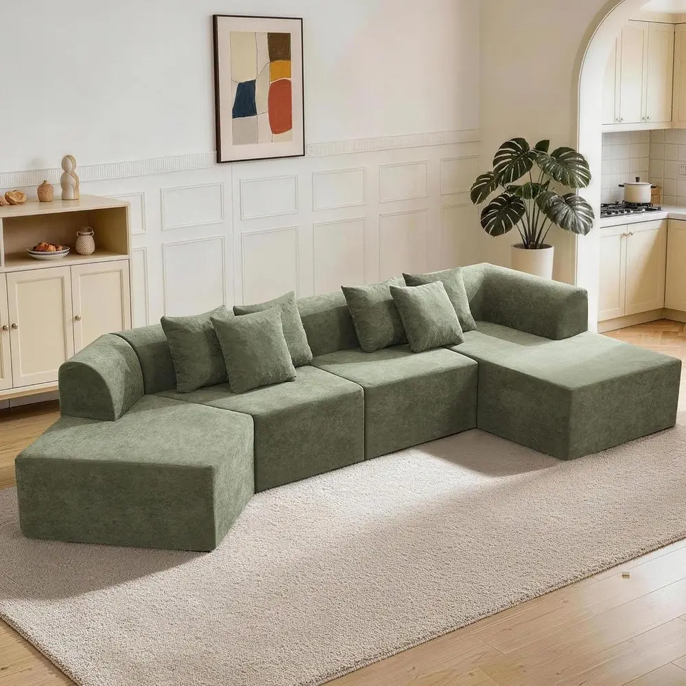 

Luxurious Oversized Curved Sectional Sofa with L-Shape Chaise, Memory Foam, Velvet Upholstery, Green, Ready to Use