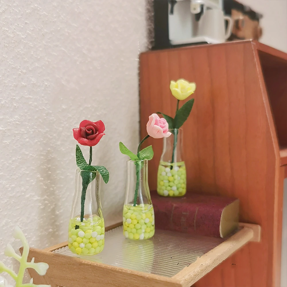 1Pcs 1/12 Doll House Miniatures Rose Vase Mini Lily Flower Arrangement Model Toy for ob11 bjd Accessories Decoration