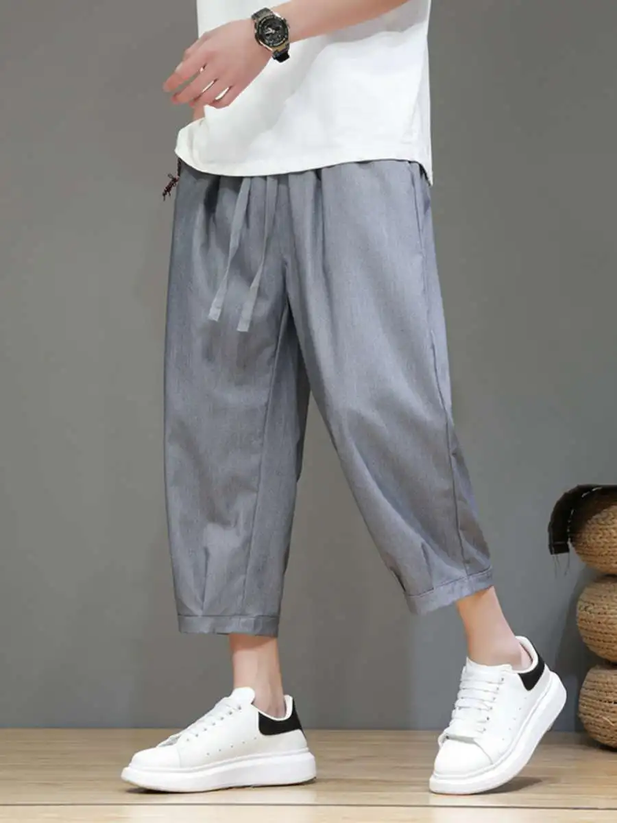Summer Ice Silk Loose Fit Men's Capri Pants Trendy Slim Straight Casual Trousers Comfortable Breathable Faionable Harajuku ...