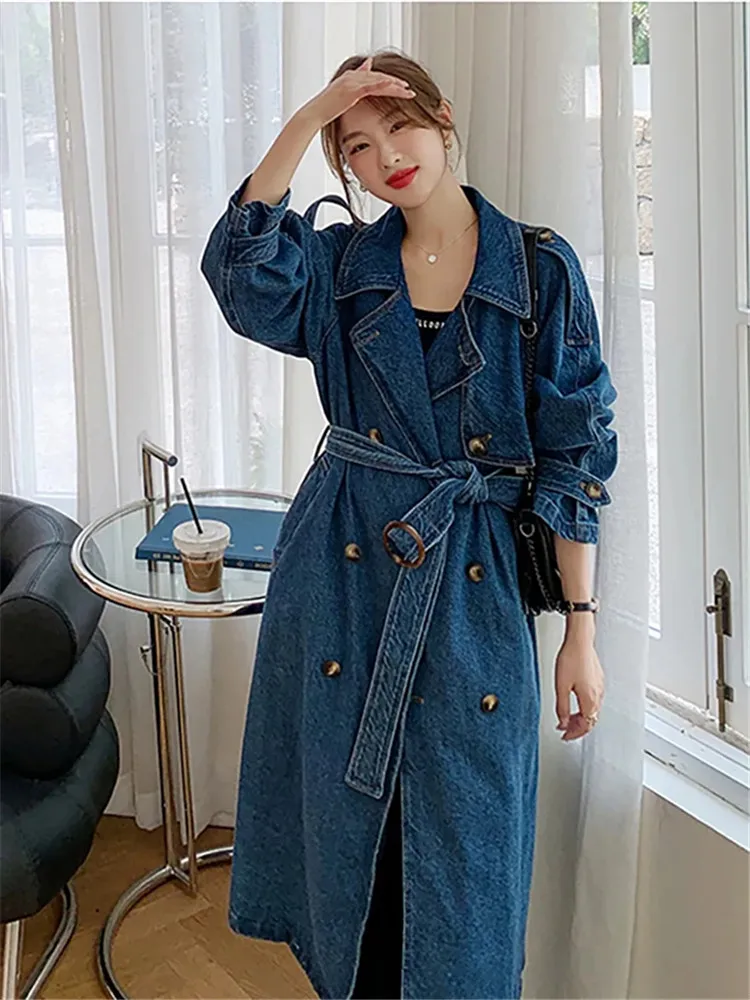 Vintage Blue Denim Windbreaker Jacket 2025 Spring Fall Double Breasted Belt Loose Casual Elegant British Women Long Trench Coat