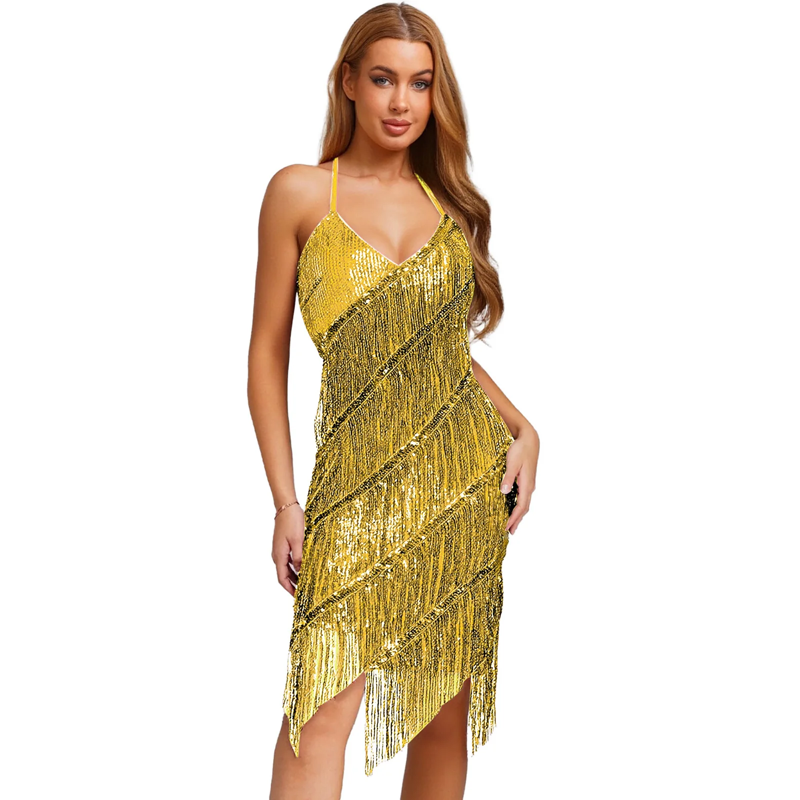 Femmes Latin Tango robe à paillettes col en V dos ouvert à plusieurs niveaux paillettes gland à lacets moulante Mini robe pour Chacha Rumba Salsa Dancewear