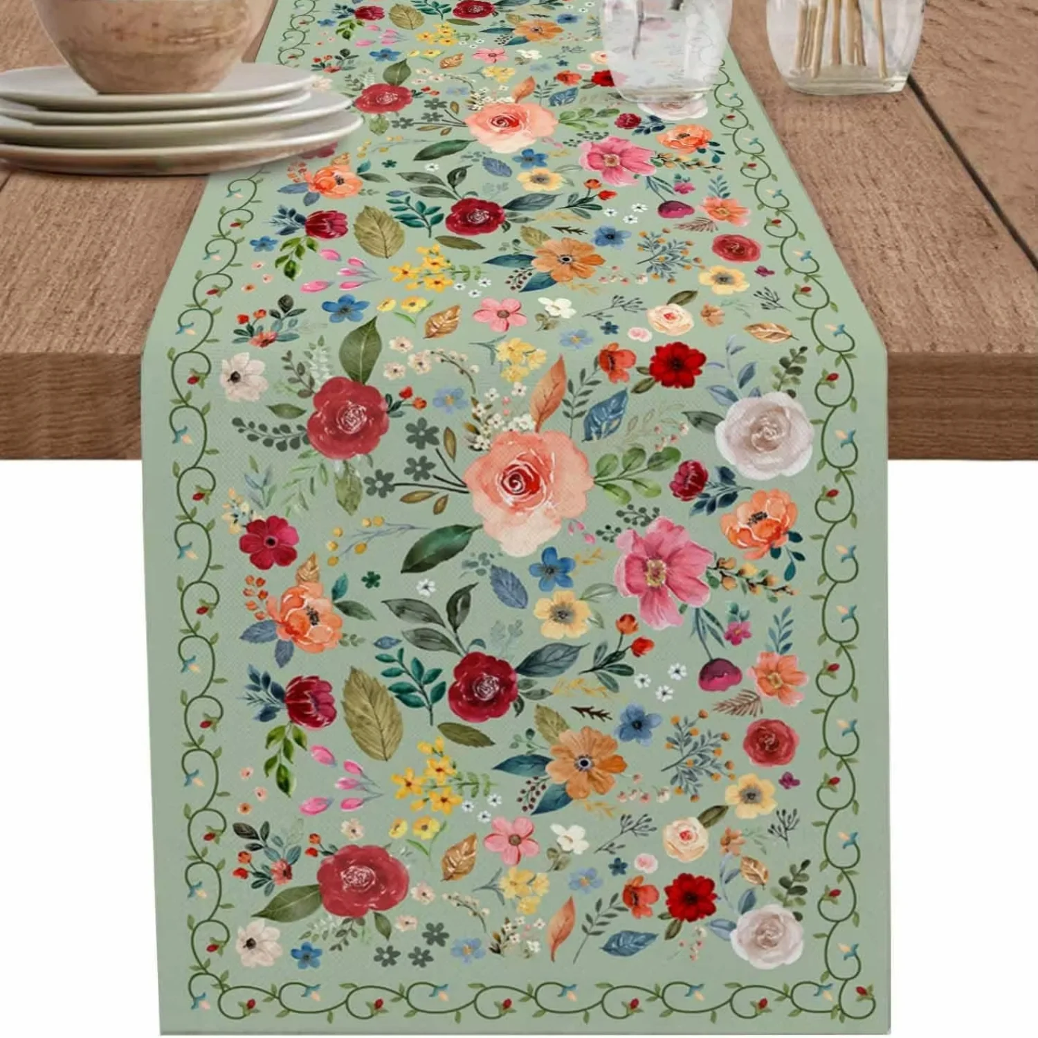Camino de mesa de lino floral verde, estilo vintage de primavera para fiesta de granja, festival de bodas de Pascua, estampado plano de varios tamaños