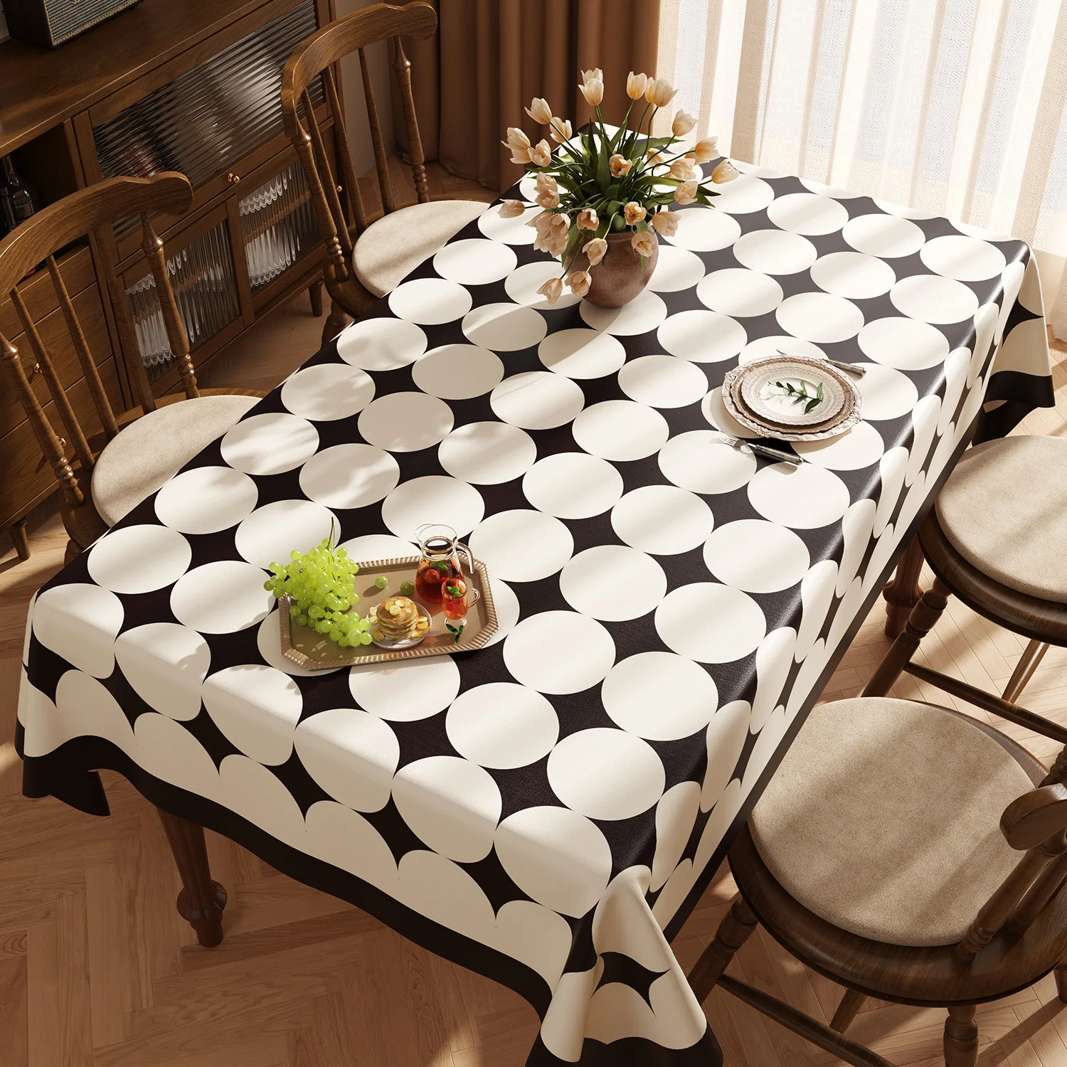 Black White Polka PVC Tablecloth Waterproof Oilproof Heat Resistant Soft Scratch Resistant Rectangle Table Mat for Kitchen Gift