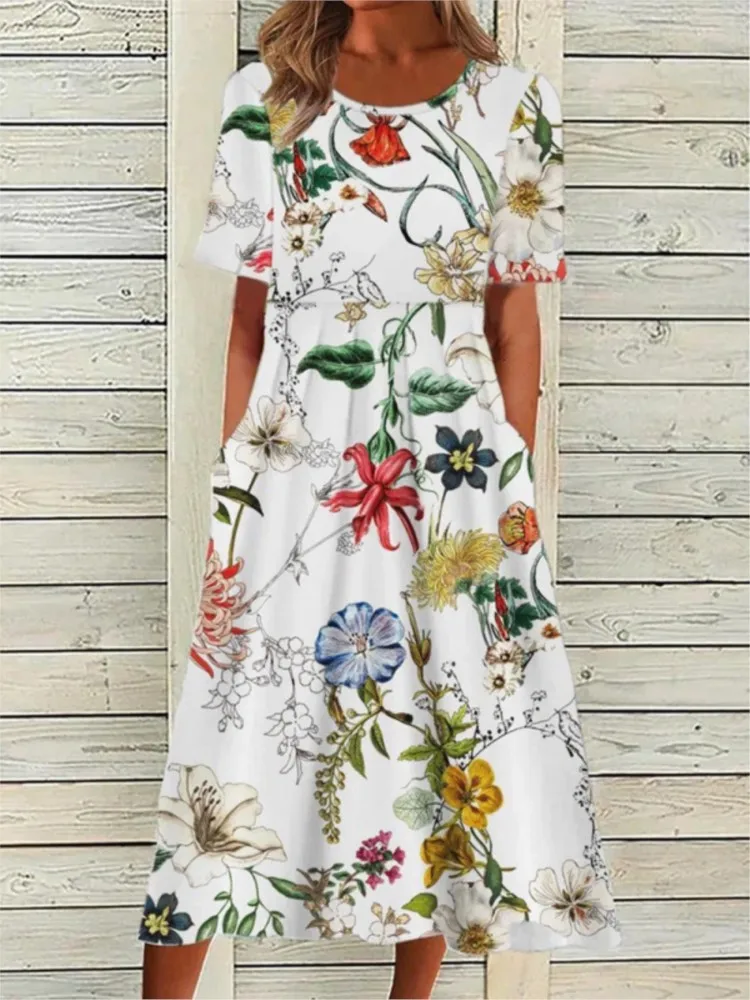 

Casual Floral Print Round Neck Dress Female Summer Fashion Short Sleeves A-line Midi Dresses Ladies Comfortable Loose Vestidos