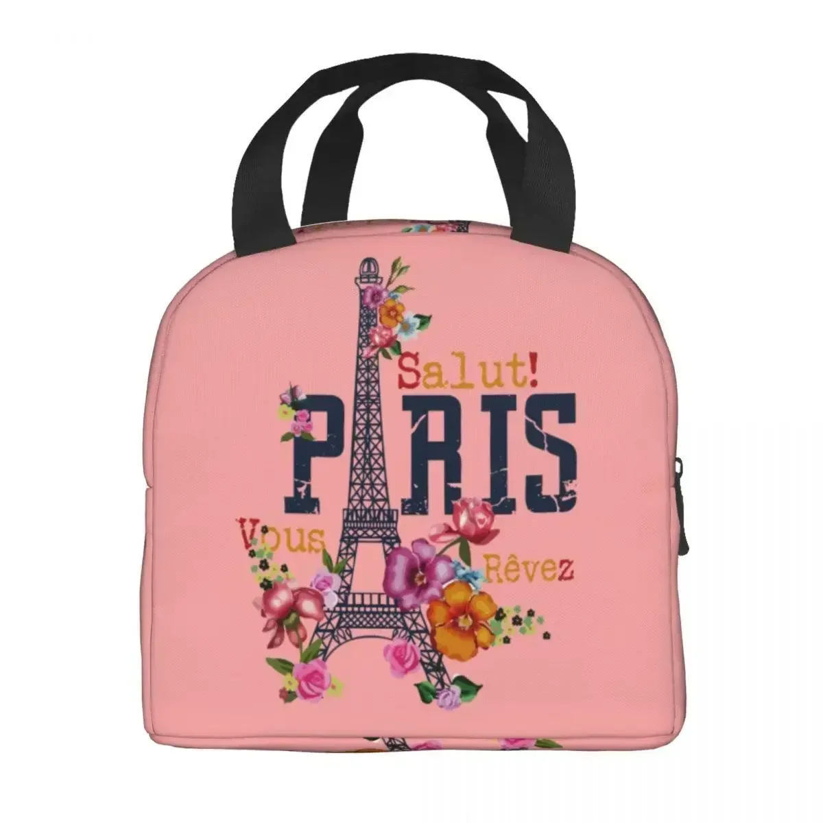 Romantic Paris Floral Eiffel Tower Insulated Lunch Bags for Women Resuable Thermal Cooler Food Lunch Box School