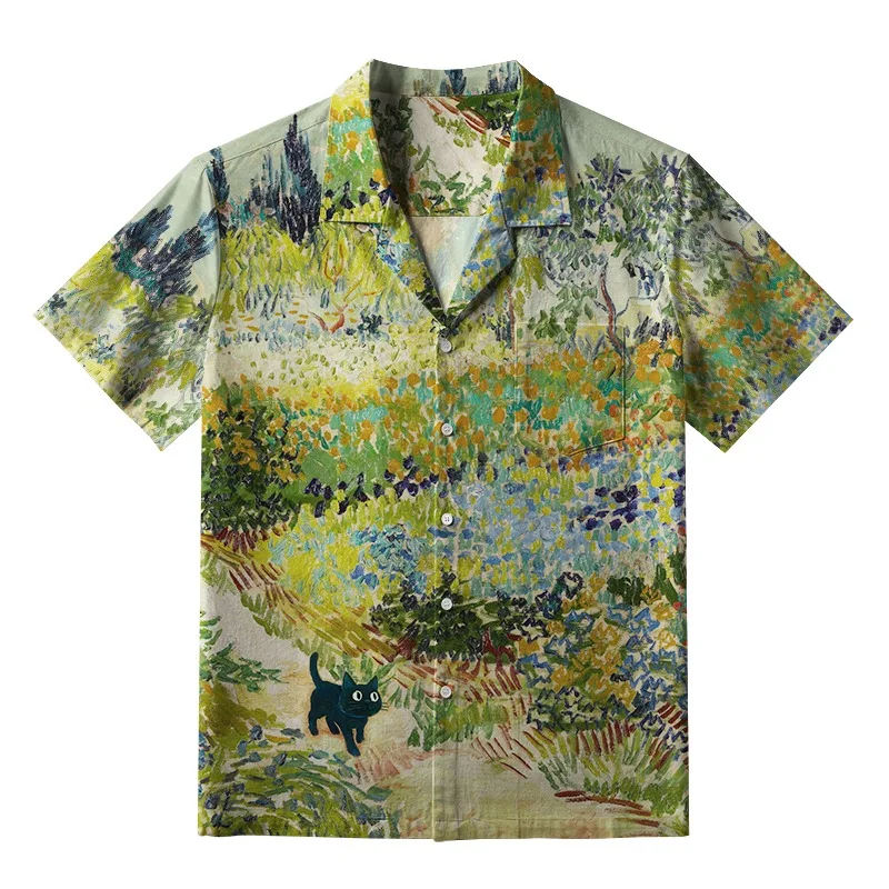 

Мужская универсальная рубашка, винтажная гавайская рубашка Black Cat In The Flower Field Aloha, повседневные свободные рубашки с короткими рукавами на пуговицах, шикарный топ