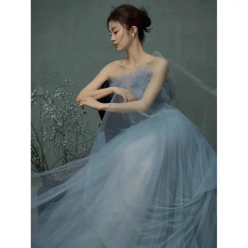 Off shoulder blue wedding dress with colorful yarn fashionable super fairy mesh sweet fluffy dress Customized