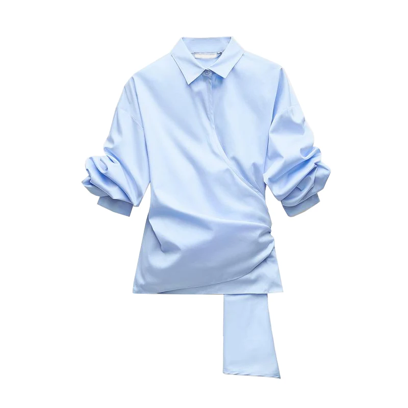 Summer New Women's irt Pleated Bubble Sve Chiffon  Knot Decorated White Regular Length Polyester Fiber 00%