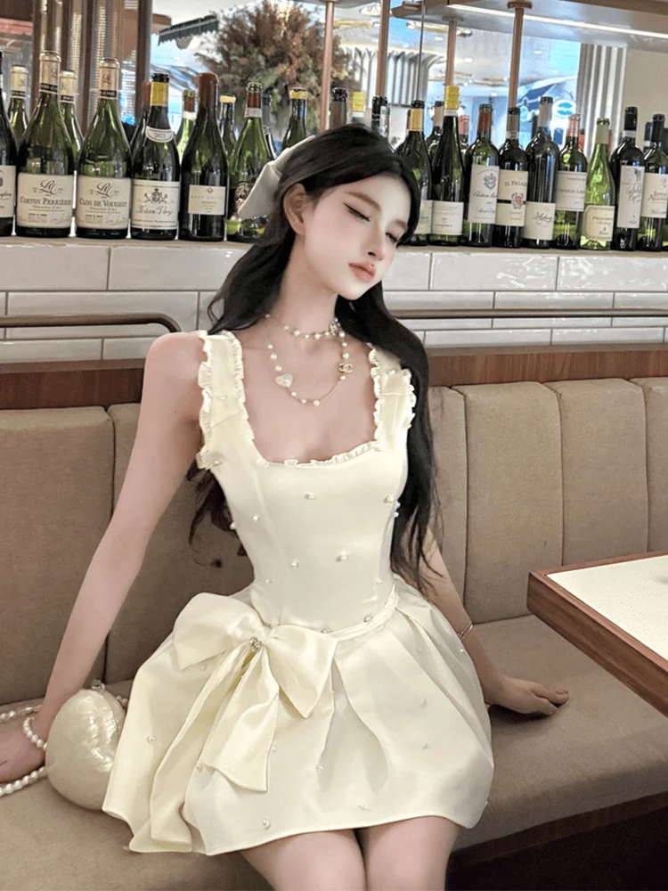 Французское сексуальное платье на подтяжках Pure Desire, милое красивое женское платье с бантом и бусинами, пышные платья с высокой талией