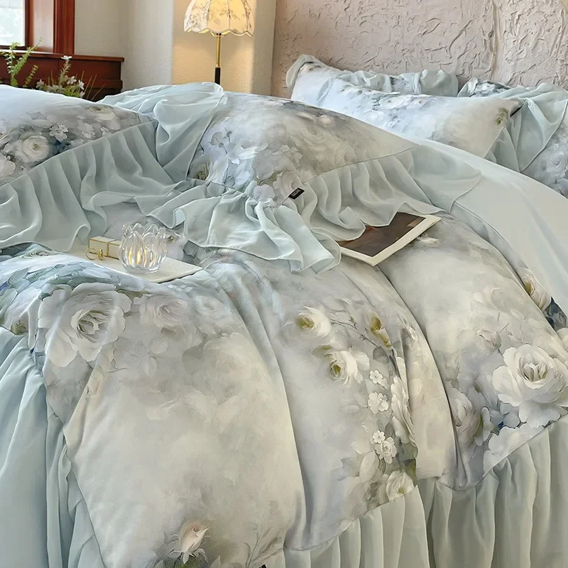 French Romantic 100%Cotton Brushed Bedding Set Vibrant Chic Flowers Wide Chiffon Ruffie Edge Duvet cover Bed Sheet Pillowcases