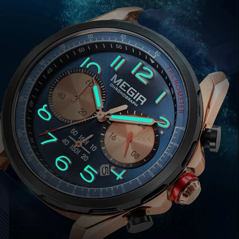 MEGIR 2230 New Men\'s Watch Fashion Casual Multifunctional Sports Silicone Strap Luminous Date Military Chronograph Wristwatches