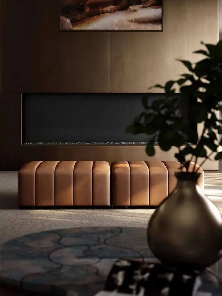 Living room pedal leather single seat sofa guest seat sofa bench rectangular Italian light luxury