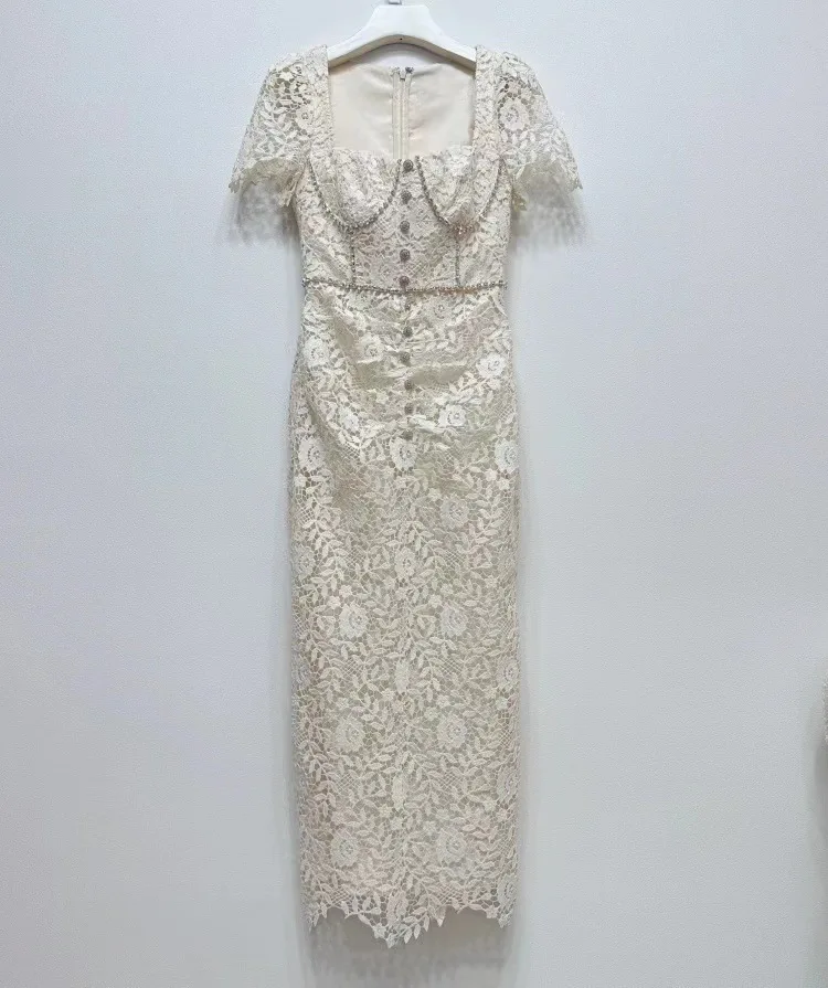 Vestido de fiesta de encaje de diamantes para mujer, manga corta, cadena de cristal, vaina, Bodycon, fiesta de noche, Midi, largo, pasarela, verano, 2024