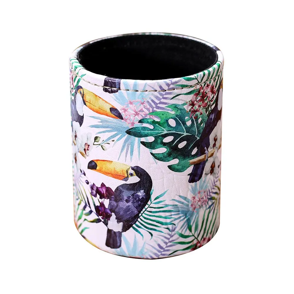 

Toucan and Tropical Plant Pen Holder Leather Pencil Holders Desk Decor Makeup Brush Holder Office Suppliesfor Home School Study