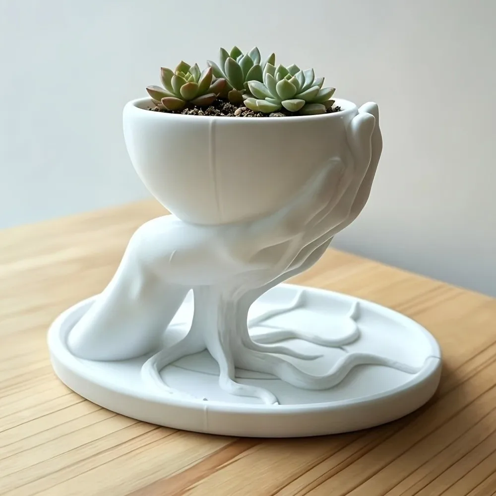3D Printed Tree Hand Shape Succulent Pot Marble Texture Unique Hand Held Flowerpot Plastic Decorative Keys Storage Bowl